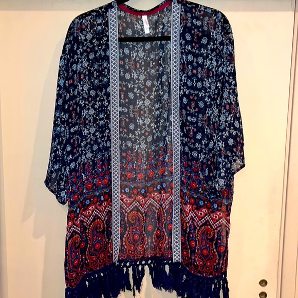 Xhilaration kimono size Large, boho style, split sides. Fringe navy blue - Picture 1 of 7